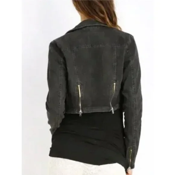 Free People James Dean Cropped Moto Denim Jacket - Washed Black - Size M - NWT - Picture 3 of 13